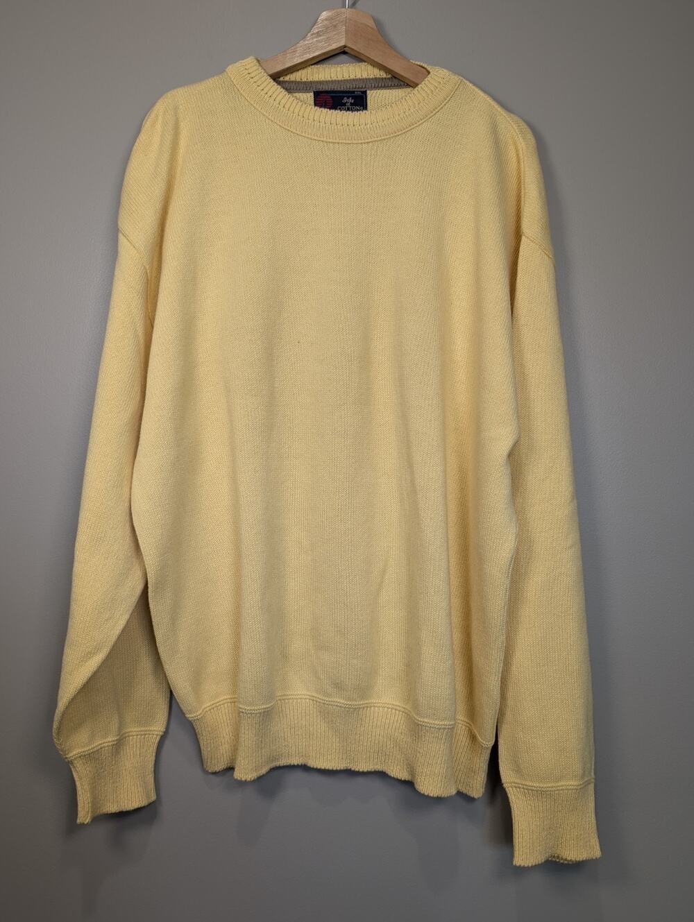 Isle of Cotton Sweater XXL Mens Yellow Crewneck Ribbed Knit Pullover Solid...